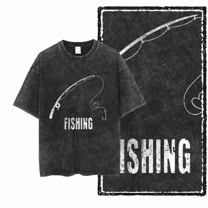 YB FISHING THEME imprimé coton lavé à l'acide graphique exclusif unisexe t-shirt Cool Streetwear hommes t-shirts grande