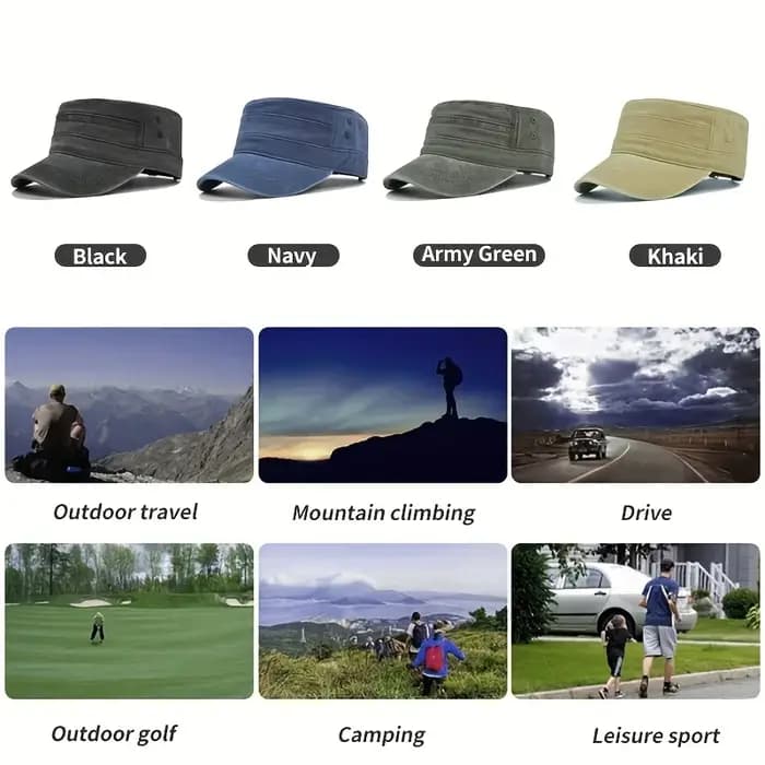 Casquette plate unisexe en coton lavé vintage pour cadets militaires, chapeau de camionneur réglable pour la course, le golf, le camping, la randonnée, la pêche