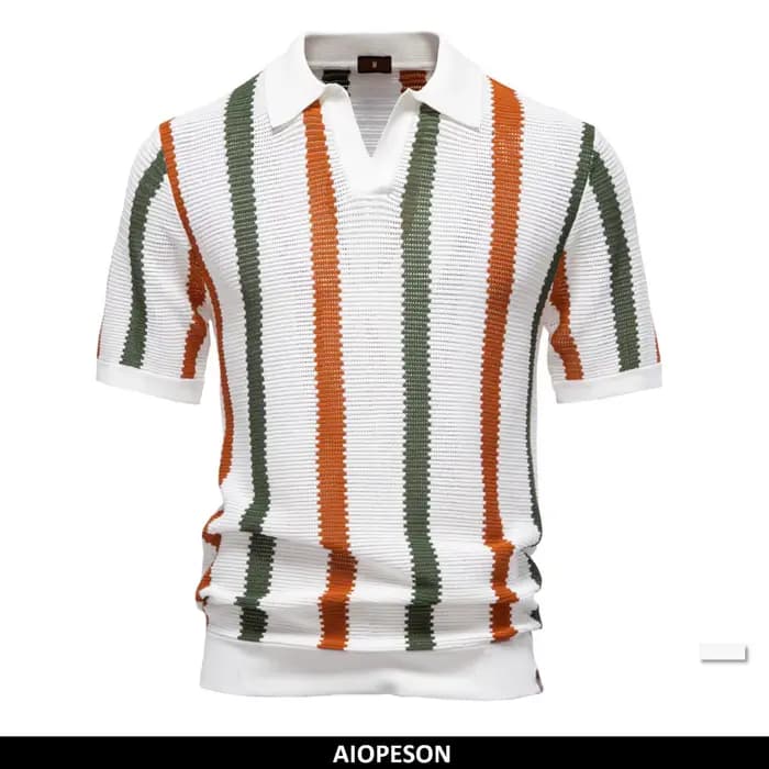 AIOPESON Polo en tricot côtelé pour homme pour tenue décontracté à rayures respirantes avec col conf