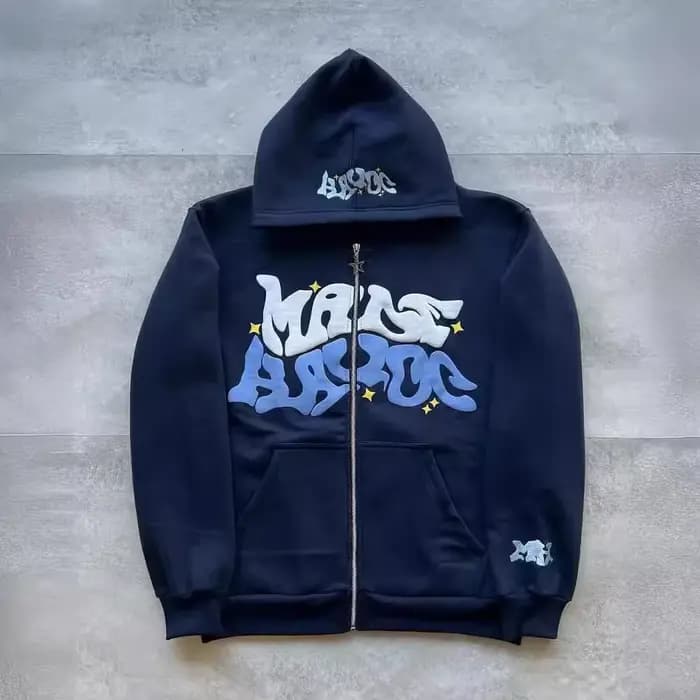 Sweat-shirt à capuche avec fermeture éclair et lettres américaines rétro