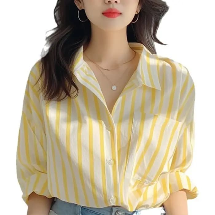 Chemise à rayures verticales jaunes et blanches pour femmes