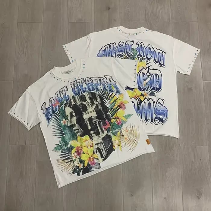 T-shirt coloré avec strass FIRST ROW pour hommes et femmes, imprimé numérique graphique, coton de qu