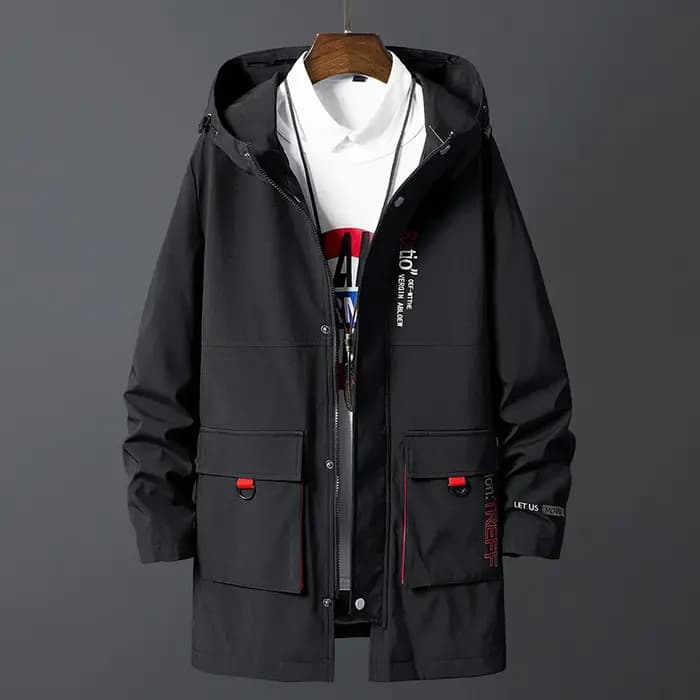 Veste coupe-vent noire surdimensionnée pour hommes, manteau long, mode coréenne, vêtements décontrac
