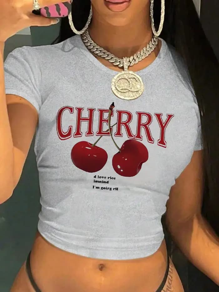 T-shirt col rond imprimé cerise Y2K