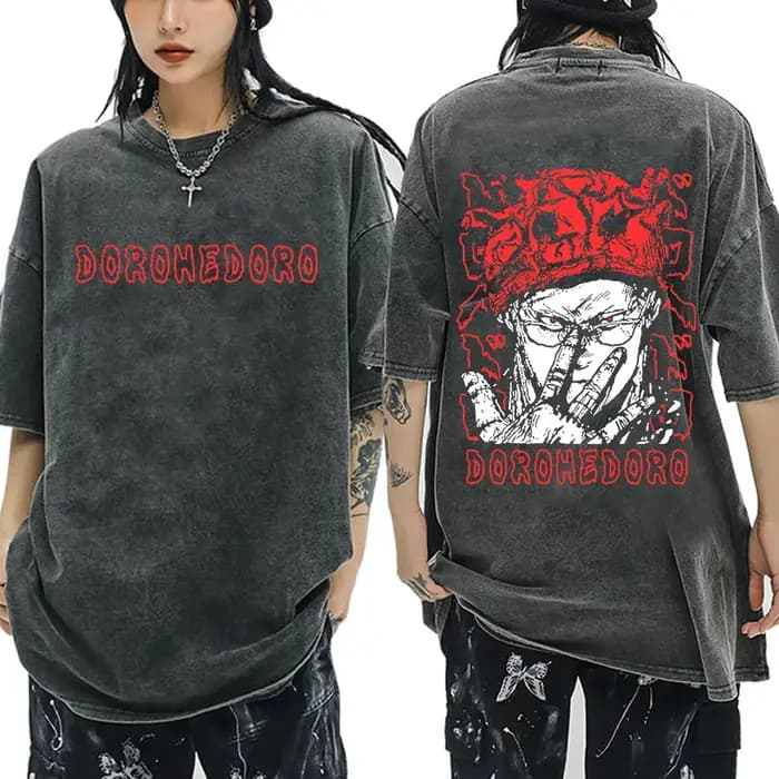 Anime japonais Dorohedoro Kaiman Vintage lavé T-shirt hommes femmes Cool Manga graphique T-shirts gothique horreur T-shi