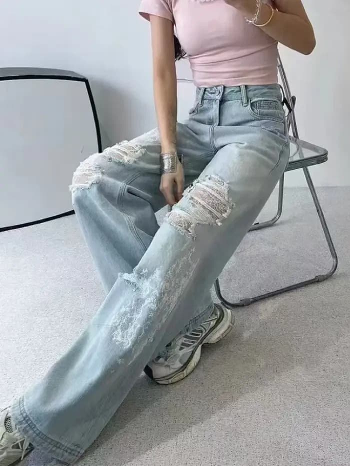 2025 Ropa Y2K mode lavé bleu Baggy dentelle empilé déchiré jean pantalon pour femmes vêtements droit doux décontracté