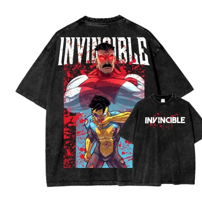 T-shirt en coton à col rond imprimé graphique d'anime de super-héros Invincible