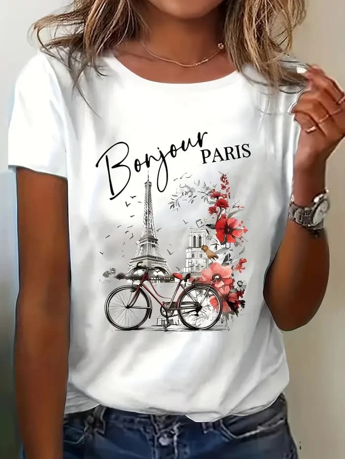 T-shirt pour femme Bonjour Paris - Motif Tour Eiffel et vélo