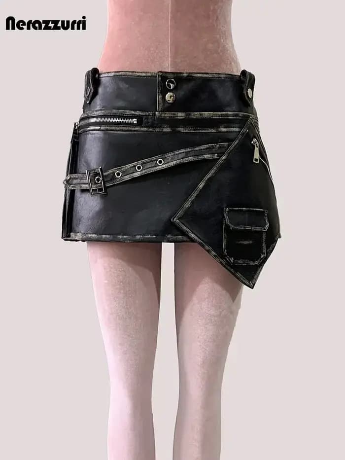 Mauroicardi été Cool en détresse noir Faux cuir Mini jupe asymétrique femme taille haute courte luxe concepteur Emo vêtements