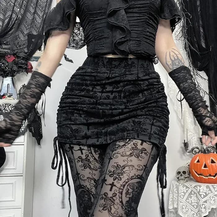 Pantalon gothique floqué foncé pour femmes, Streetwear esthétique Emo Alt Grunge transparent à lacets, taille haute, évasé