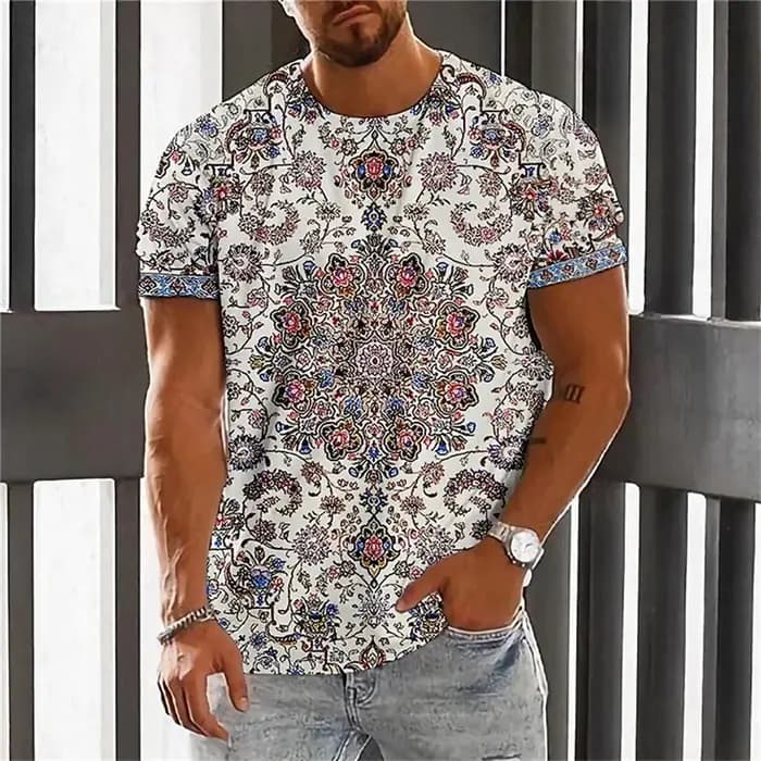 Bohème impression 3D T-Shirt pour hommes ethnique col rond manches courtes hauts géométrique Harajuku