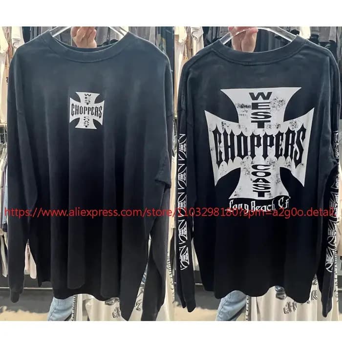 T-shirt Streetwear Tendance Côte Ouest Rétro Décontracté Ample Noir Délavé Imprimé Manches Longues H