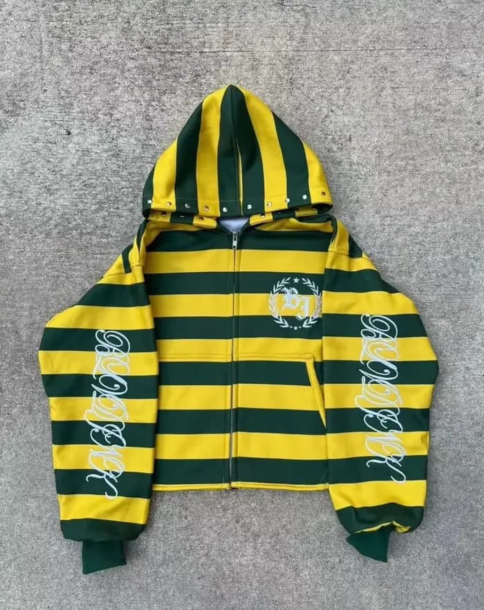 Sweat-shirt à capuche zippé rayé jaune et vert pour homme