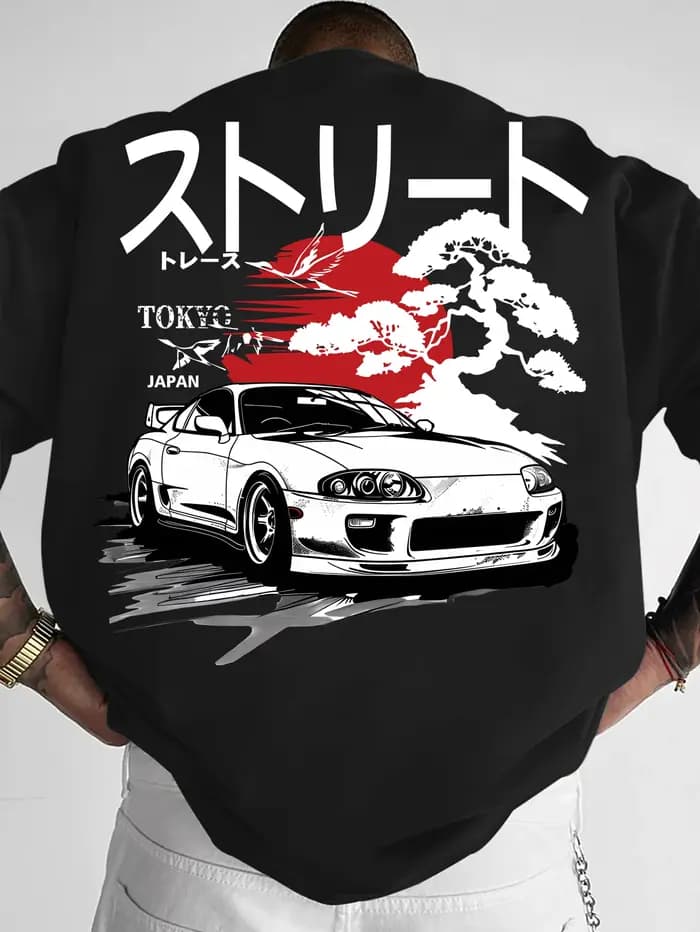T-Shirt pour hommes Supra Car & Japanese Art Print Streetwear, col rond, manches courtes, en polyest
