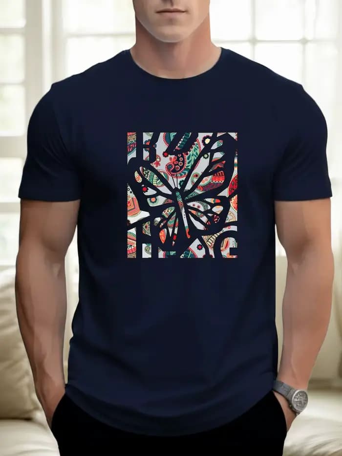 T-shirt pour hommes papillon 100 % coton impression graphique été