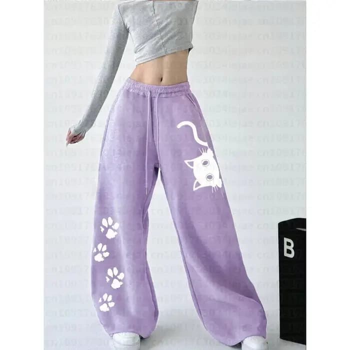 Pantalon de survêtement décontracté pour femmes et enfants avec un imprimé de chat amusant et une taille élastique à cordon de serrage, coupe droite.