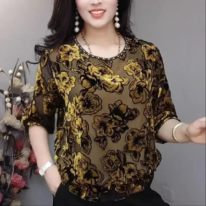Vintage femmes doré velours T-Shirt printemps automne femme vêtements hauts col rond mode ample à manches longues décontracté t-shirts floraux D132