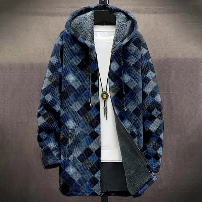Manteau à capuche à carreaux pour hommes doublé polaire bleu gris veste d'hiver chaude géométrique urbain Streetwear mode saisonnier tendance vêtements d'extérieur