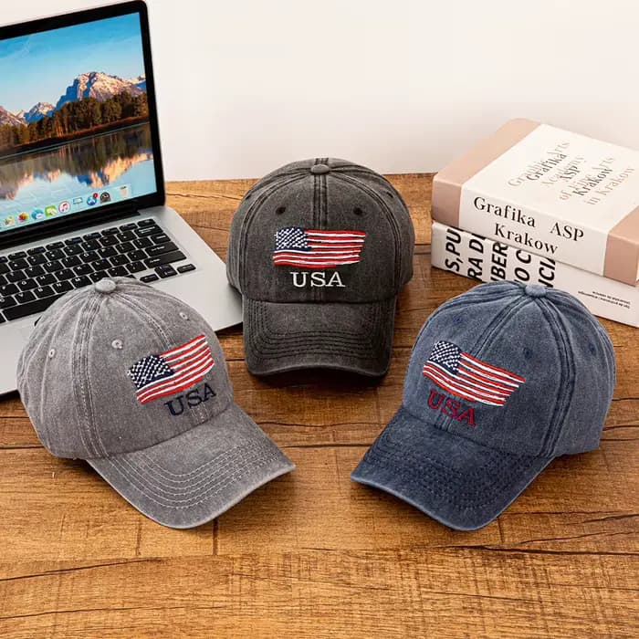 Casquette de baseball en coton lavé brodée drapeau américain USA pour hommes et femmes