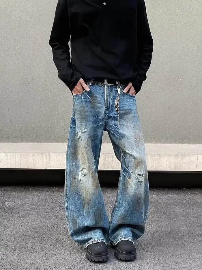 2000S vêtements Y2K Grunge vieux sale lavé bleu Baggy déchiré jean pantalon pour hommes 90S Vintage