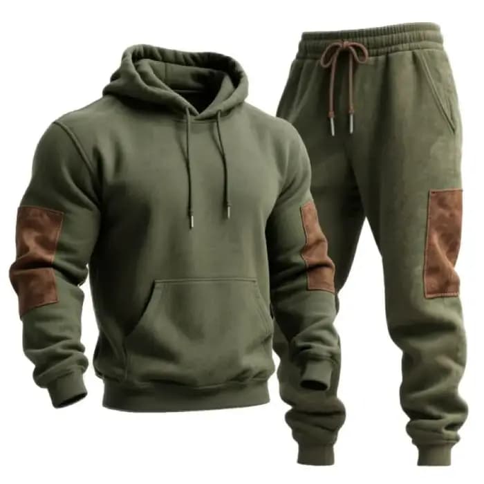Ensemble de jogging à capuche et pantalon de survêtement en daim marron avec coutures vertes de l'armée vintage pour hommes