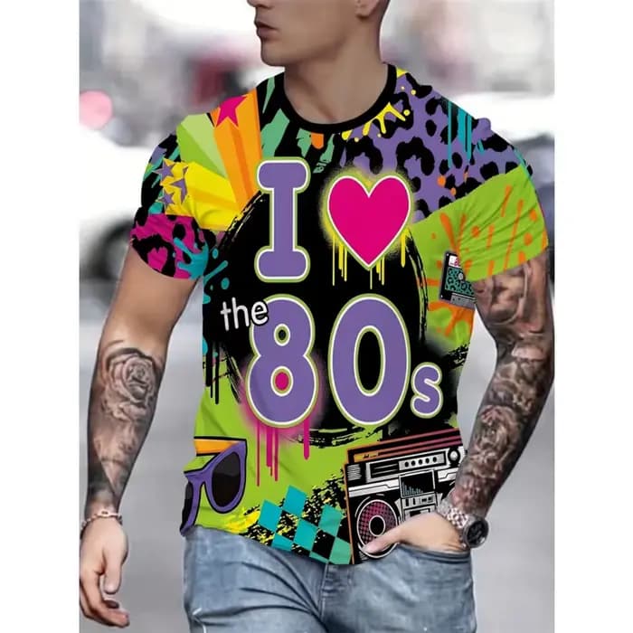 T-shirt manches courtes col rond pour hommes, rétro des années 80, imprimé en 3D, graphique coloré a