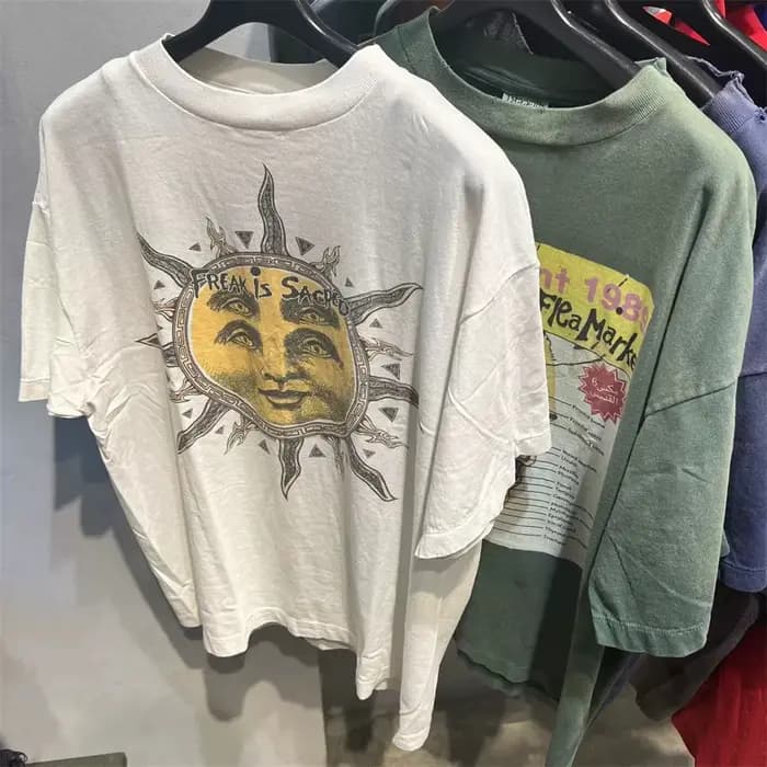 Saint été Vintage Rock lavé coton soleil visage imprimé haute rue décontracté ample surdimensionné à la mode sport T-shirt pour hommes hauts