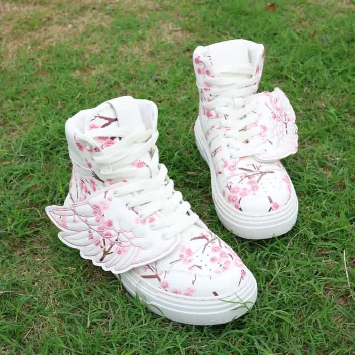 Baskets montantes tendance pour femme, style décontracté, avec talon épais à motif aile, grandes tailles, chaussures de sport à motif floral, baskets de créateur à talon plat