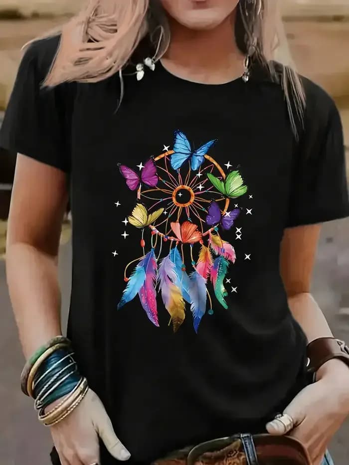 T-shirt imprimé graphique papillon, manches courtes, col rond, haut décontracté pour l'été et le pri