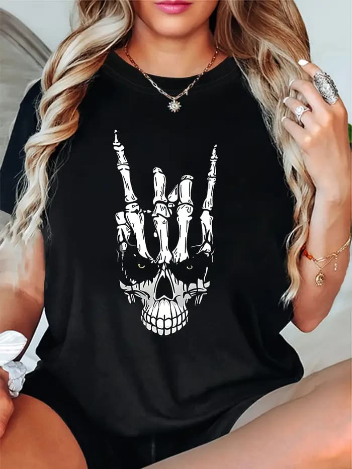 T-shirt gothique pour femme à manches courtes et col rond avec imprimé main squelette rock pour les fans