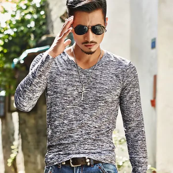 T-Shirt à Manches sulfet Col en V pour Homme