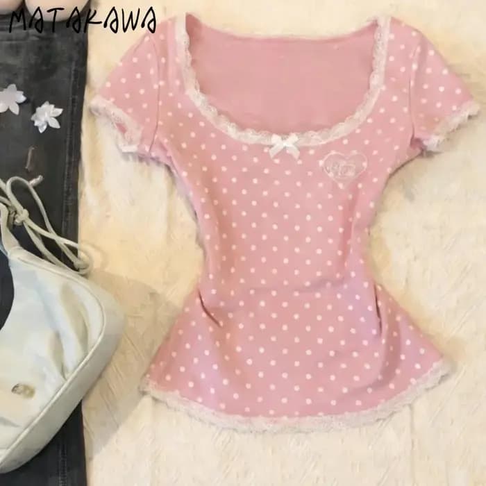 T-shirt Matakawa Y2k pour femmes, style japonais, printemps-été, Ropa De Mujer, à pois, vintage, sexy, t-shirts courts