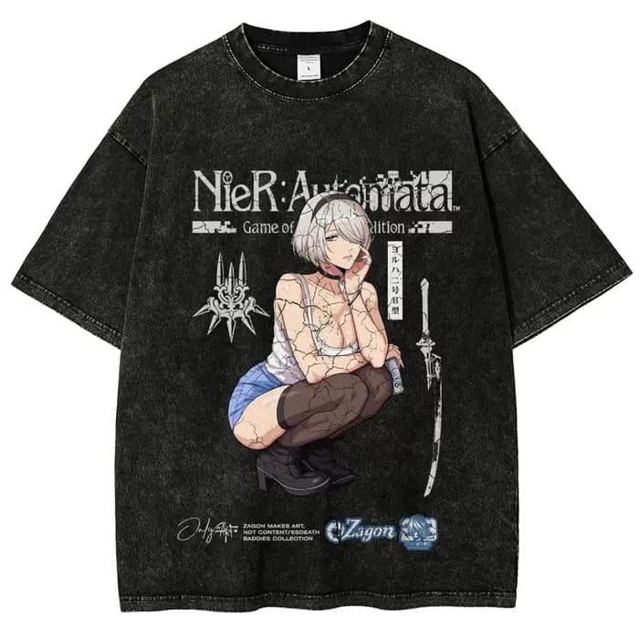 T-shirt NieR Automata délavé, vêtements toute l'année, nouveau modèle unisexe, grande taille, vêteme