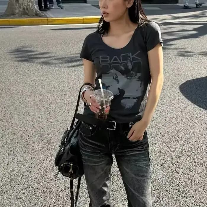 T-shirt Femme Esthétique Grunge Y2K Vintage Années 2000 Harajuku Imprimé Lettres Manches Courtes Coupe Slim Streetwear Décontracté