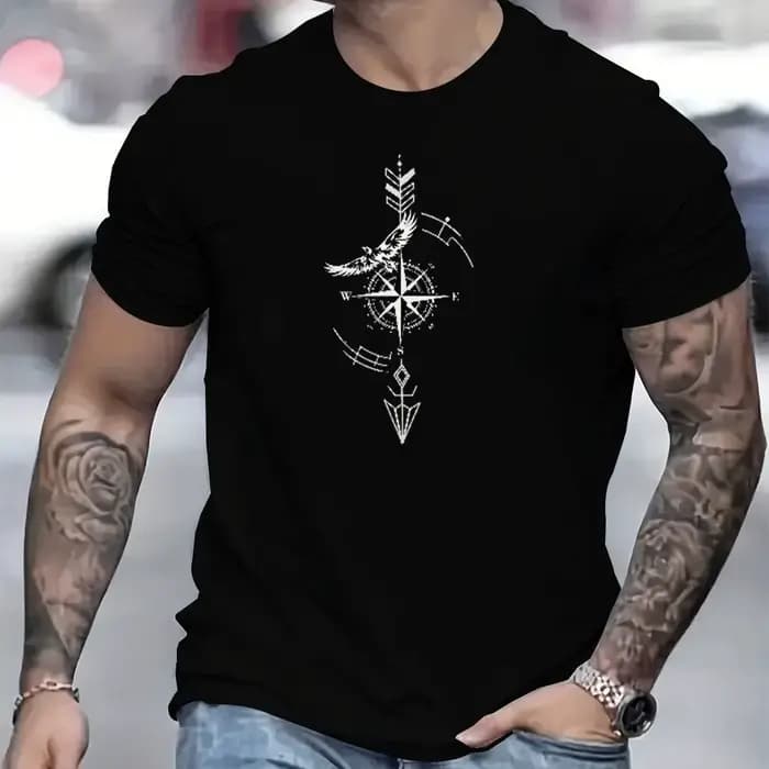 T-shirt pour homme 100% coton imprimé boussole avec rose