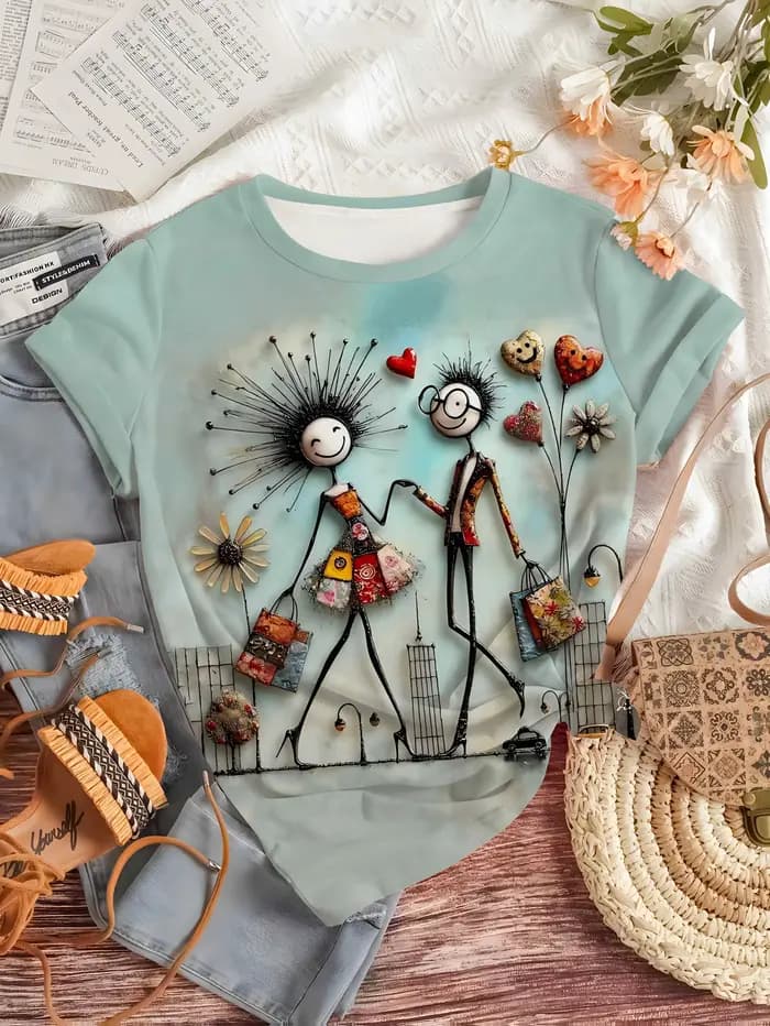 T-shirt bleu clair pour femme - Motif graphique de couple fantaisiste