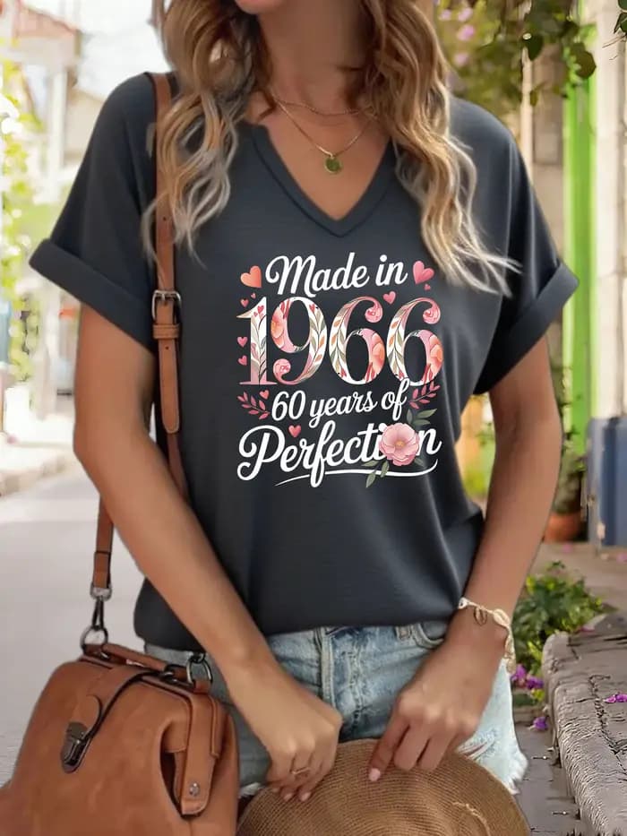 T-shirt graphique col en V pour femme « Made in 1966 », T-shirt imprimé « 60 ans de perfection », haut décontracté à manches courtes pour anniversaire