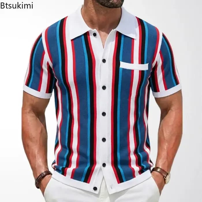 Cardigans tricotés Vintage pour hommes, Polo rayé, manches courtes, revers, hauts respirants, Business décontracté, T-shirt Social, été