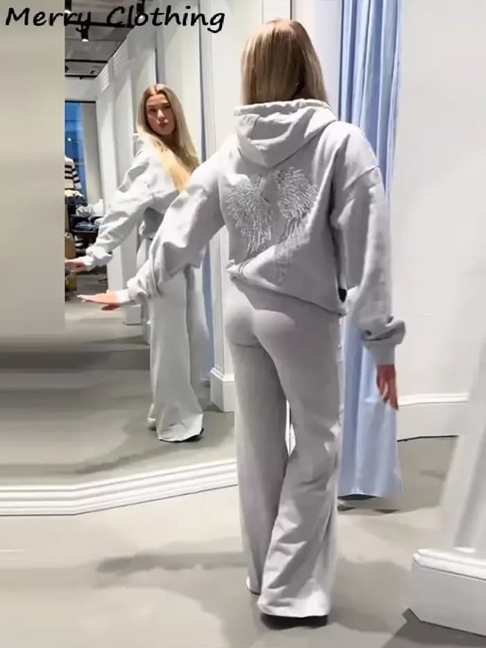 Paillettes ailes d'ange sweats à capuche femmes Chic lâche à manches longues pulls haut mince Yoga pantalon ensemble