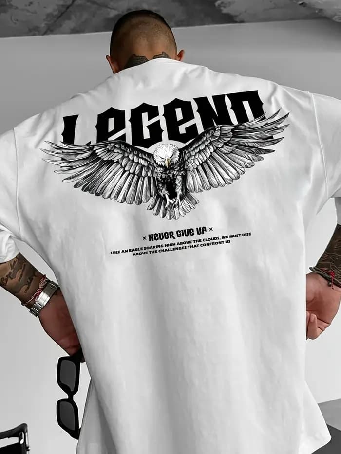 T-shirt pour homme en coton 100% doux de qualité supérieure avec impression de texte gothique « Eagle Legend »