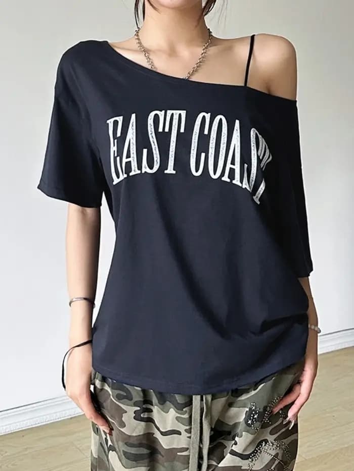 Lettres imprimer t-shirts pour femmes Streetwear encolure dégagée t-shirt à manches courtes Camisetas Grunge vêtements Ropa Mujer Y2k accessoires