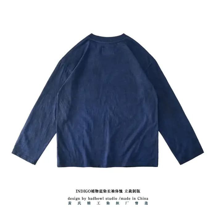 Indigo Botanique-Tint Heavyweight 250gsm T-shirt en coton peigné - T-shirts à manches longues à épaules tombantes décontractées Printemps Automne pour hommes