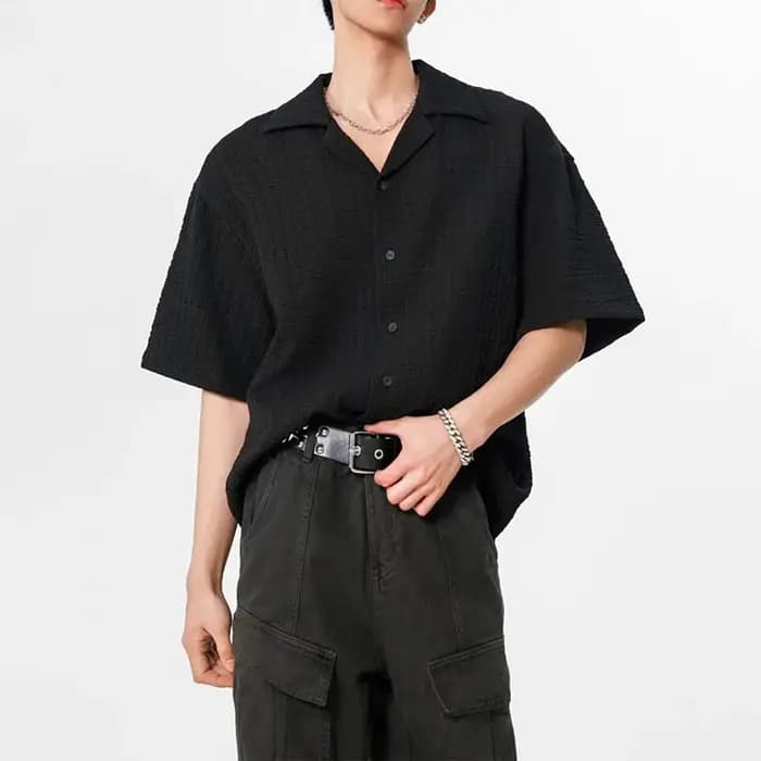 T-shirt décontracté polyvalent à col cubain texturé à manches courtes pour homme – Nouvelle collection été 2026