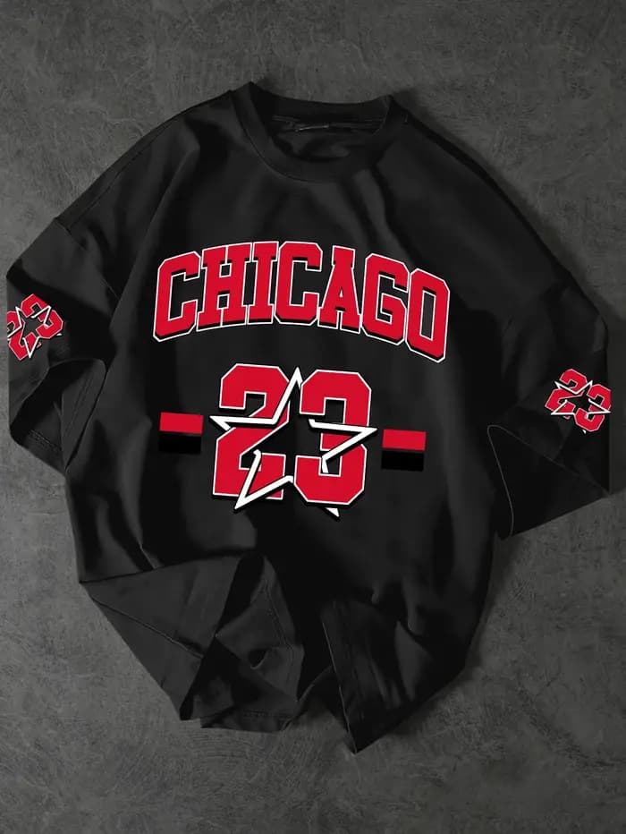 T-shirt Chicago 23 pour hommes, streetwear à col ras du cou, manches courtes, imprimé numéros et éto