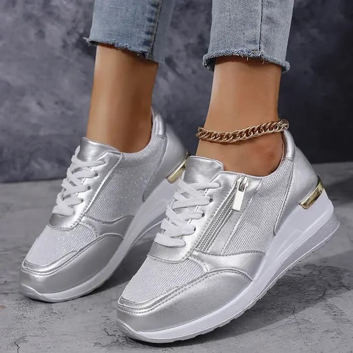 Mode fond épais argent baskets femmes 2025 printemps talon compensé chaussures vulcanisées femme confortable à lacets Sport Sneaker Mujer