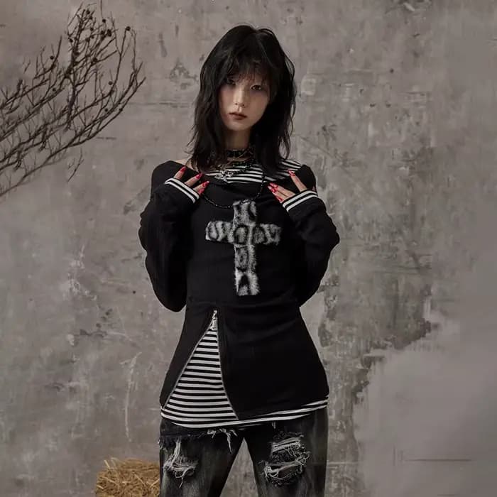 Karrcat Grunge esthétique faux deux pièces hauts Trashy Y2k à manches longues tricoté