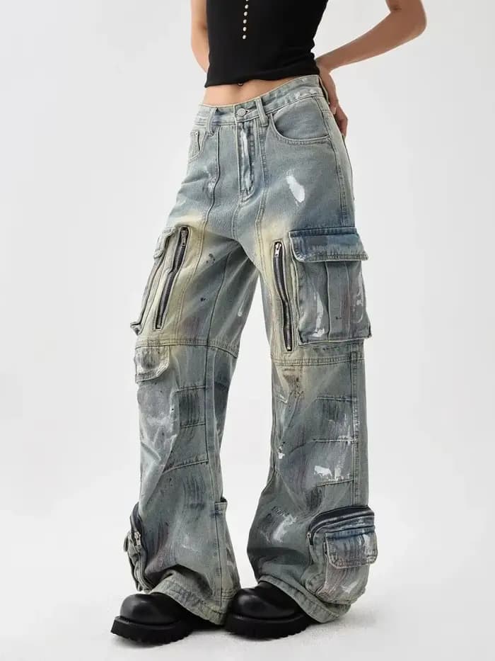 Trashy Y2K 2000S en détresse bleu peinture Splash Baggy Cargo jean pantalon pour femmes 90S Vintage vêtements fermeture