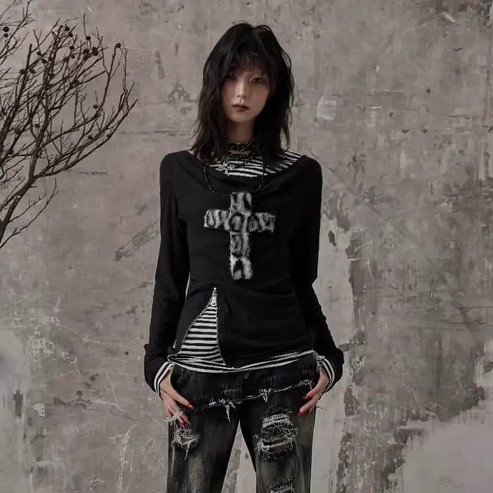 Karrcat Grunge esthétique faux deux pièces hauts Trashy Y2k à manches longues tricoté
