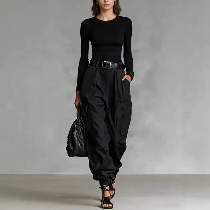 Pantalon Cargo Vintage Streetwear Femme, Nouveau Modèle, Uni, Coupe Ample, Taille Haute, avec Poches