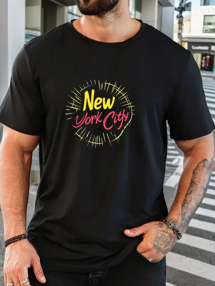 T-Shirt homme 2025 nouveauté rétro Chic NYC graphique Vibrant jaune-rose typographie éclat rayonnant